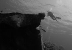 Doc Poulson wreck and diver, Grand Cayman. Sea and Sea DX... by David Heidemann 